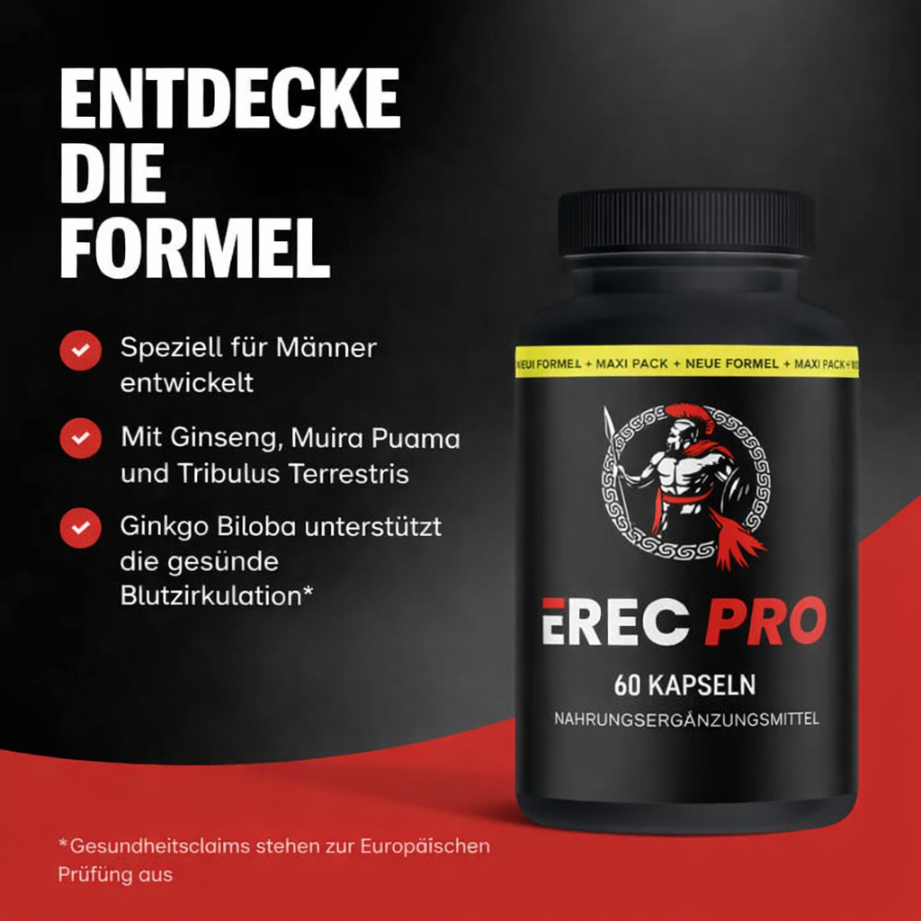 Erecpro male performance supplement bottle with natural herbal ingredients for stamina and vitality support